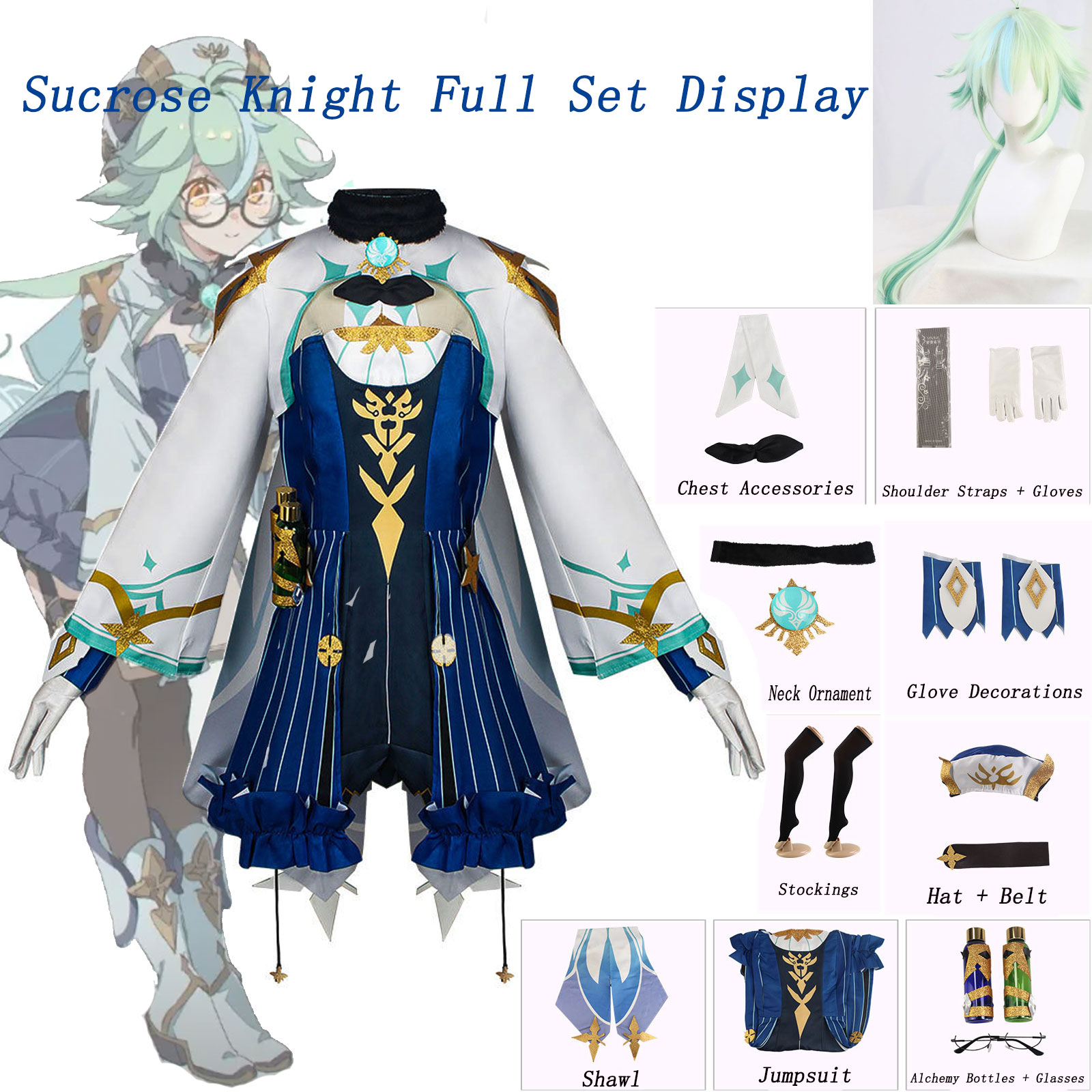 Anime Cosplay Glasses - Genshin Impact Sucrose Knight Cosplay Full